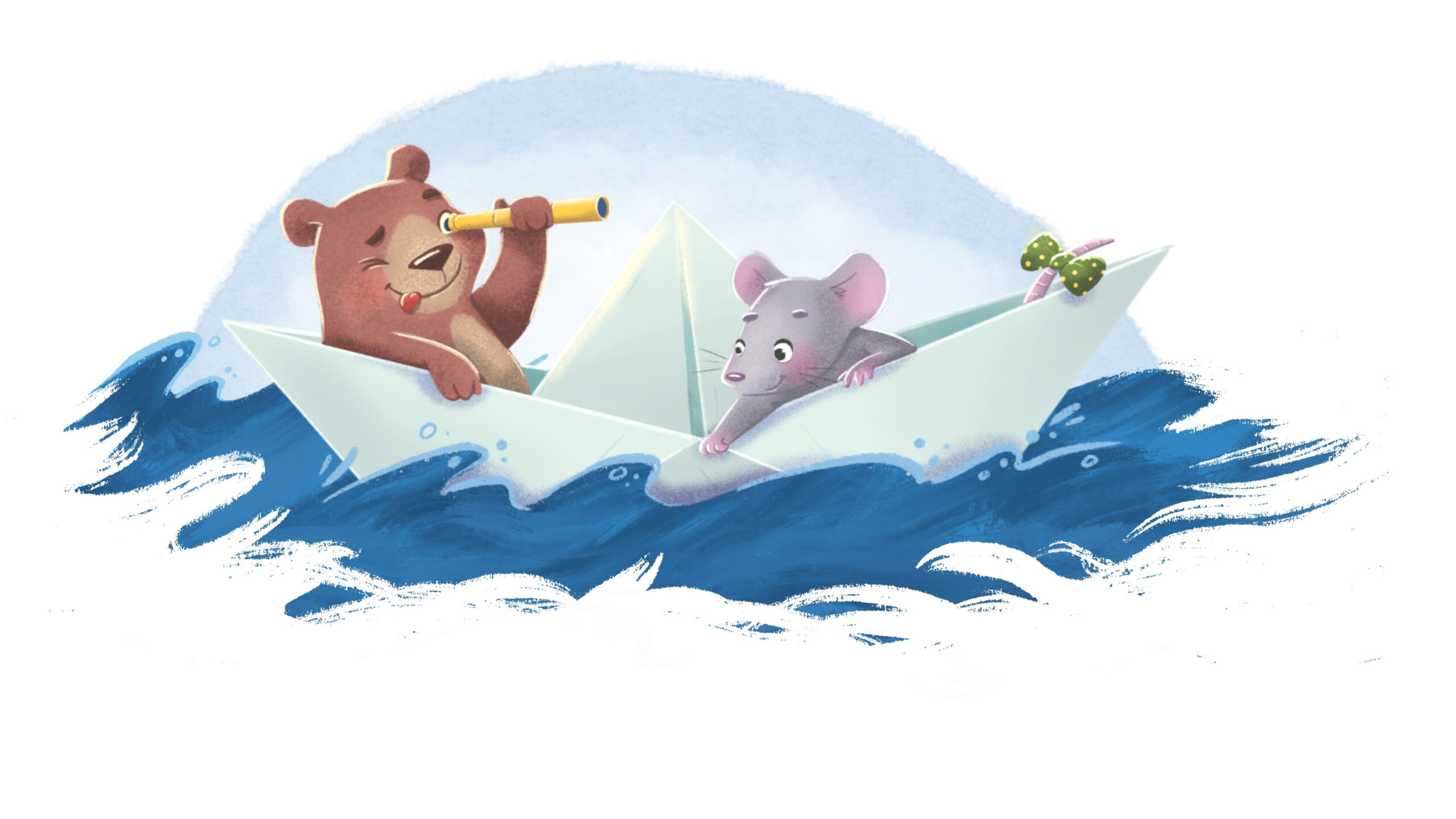 Bär und Maus in einem Papierboot
